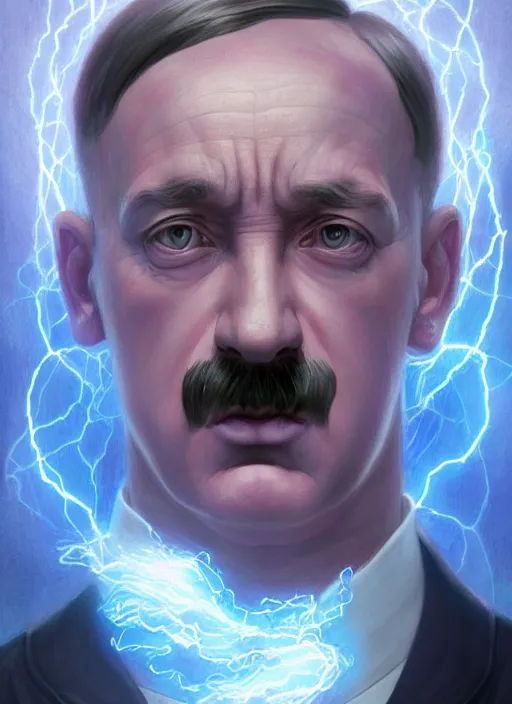 Image similar to close-up of character concept portrait of Hitler from Fantastic 4 conjuring a violent void multiversal fire, a floating iridescent lightning and thunder dragon from God of War in the center, intricate, elegant, digital painting, concept art, smooth, sharp focus, illustration, by WLOP and Ruan Jia and Mandy Jurgens and William-Adolphe Bouguereau, Artgerm