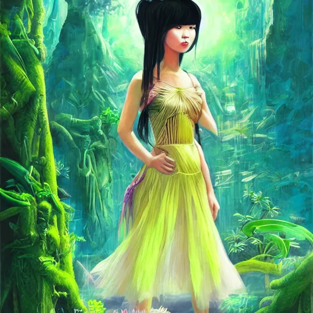 Image similar to southeast asian scifi princess of the cloud forest, wearing a lovely dress with cyberpunk details. this oil painting by the beloved children's book author has an interesting color scheme and impeccable lighting.