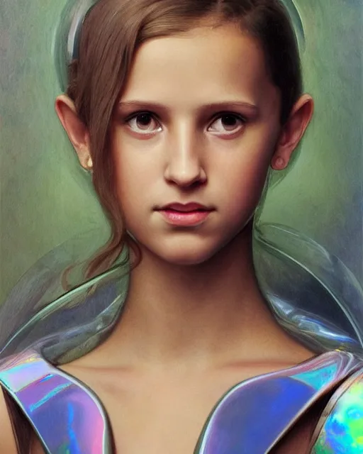 Image similar to a portrait painting of a shy, blushing 1 6 - year old alicia vikander or millie bobby brown, backlit, wearing a futuristic translucent iridescent plastic space suit with a space helmet, elegant, highly detailed, artstation, concept art, by krenz cushart and donato giancola and william adolph bouguereau and alphonse mucha