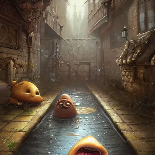 Prompt: anthropomorphic puddle with an angry sneer lurking in a damp alleyway , concept art, painting by Justin Gerard