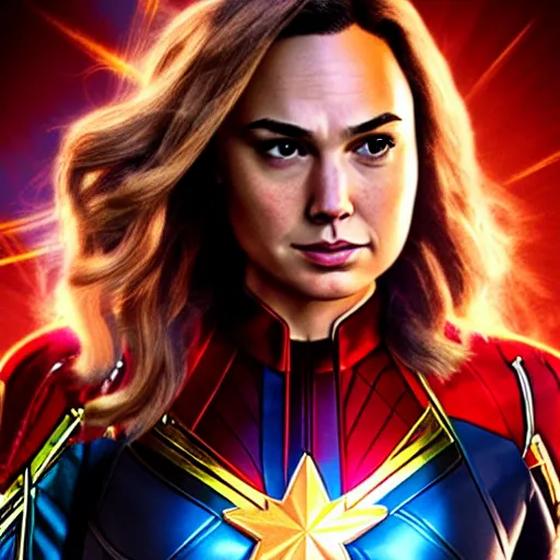 Prompt: a potrait of gal gadot as Captain Marvel by Zack Snyder, 8k photorealistic, cinematic lighting, HD, high details, dramatic, trending on artstation, view from above