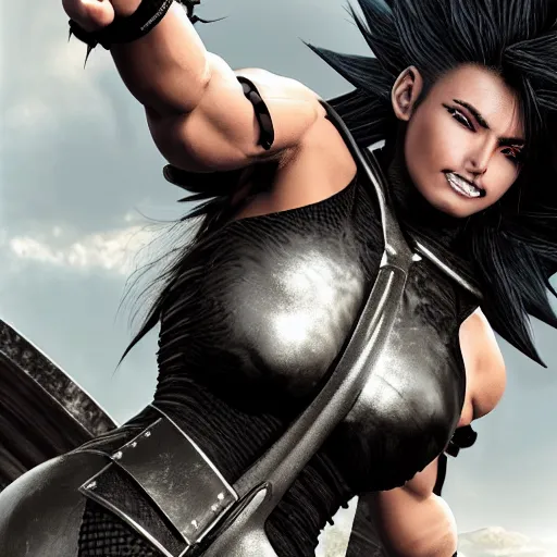 Image similar to warrior girl, muscular girl, wild spiky black saiyan hair, long spiky hair, electrified hair, wearing chrome silver armor and black spandex pants, ultra realistic, intricate details, highly detailed, subsurface scattering, photorealistic, octane render, 8 k, art by artgerm, greg rutkowski, magali villeneuve, alphonse mucha