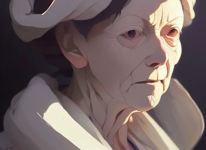 Image similar to florence nightingale 5 5 years old, character face study, faces only, concept art finely detailed perfect art, painted by greg rutkowski makoto shinkai takashi takeuchi studio ghibli, pinterest, cevagraf comics