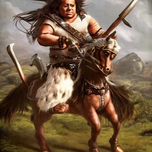 Image similar to portrait of danny devito as a hunnic barbarian on horseback