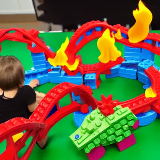 Image similar to duplo dino rollercoaster on fire