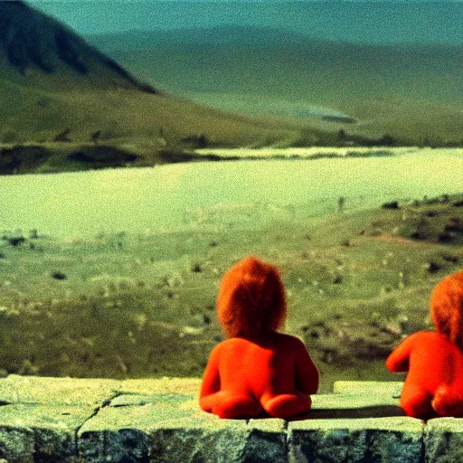 Image similar to wide scenic shot from the scene from the holy mountain where the conjoined child clowns play. The child clowns are conjoined at the head and neck, they share one head. Cinematic, VHS copy, film grain, 35mm film.