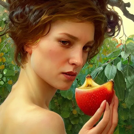 Image similar to eve eating fruit from the tree of knowedge of good and evil in the gardnen of eden, highly detailed, digital painting, artstation, concept art, smooth, sharp focus, illustration, artstation, art by artgerm, greg rutkowski, alphonse mucha, ilya repin and charlie bowater