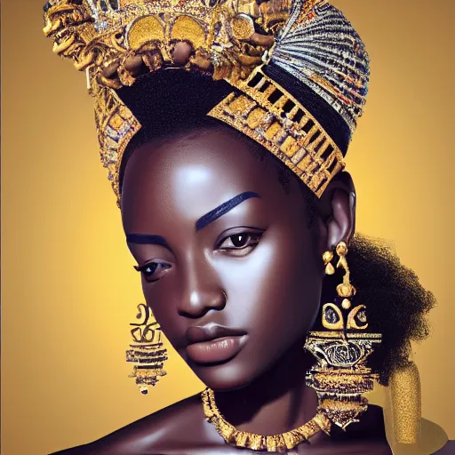 Prompt: A masterpiece portrait of a Incredibly beautiful African girl model in European royal barocco clothes. With big rich jewelry. In Queen\'s crown. Vogue. trending on artstation, digital art, by Stanley Artgerm Lau, WLOP, Rossdraws, James Jean, Andrei Riabovitchev, Marc Simonetti, Yoshitaka Amano