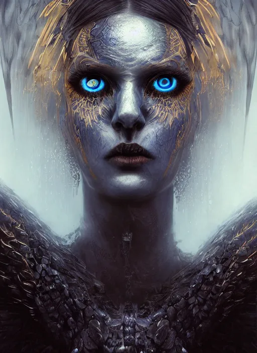 Prompt: Her huge ominous glowing blue eyes staring into my soul , perfect eyes, WLOP, Tomasz strzalkowski, detailed face, 8k portrait render, raven angel wings, cyberpunk, beautiful lighting, dark fantasy art, rococo, gold filigree, cgsociety