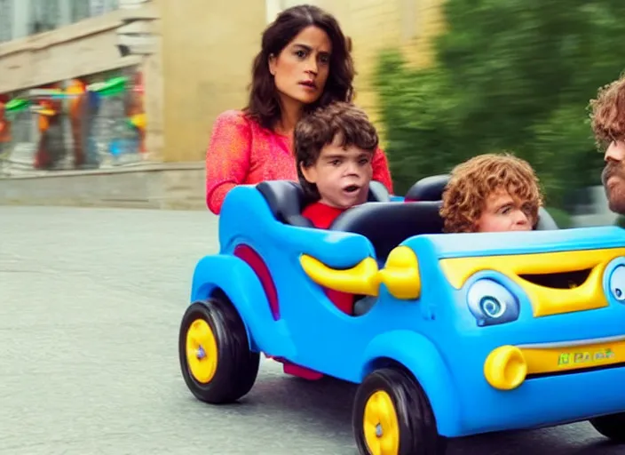 Image similar to peter dinklage and salma hayek driving a little tikes cozy coupe, movie still, from the new fast and furious, 8 k, realistic