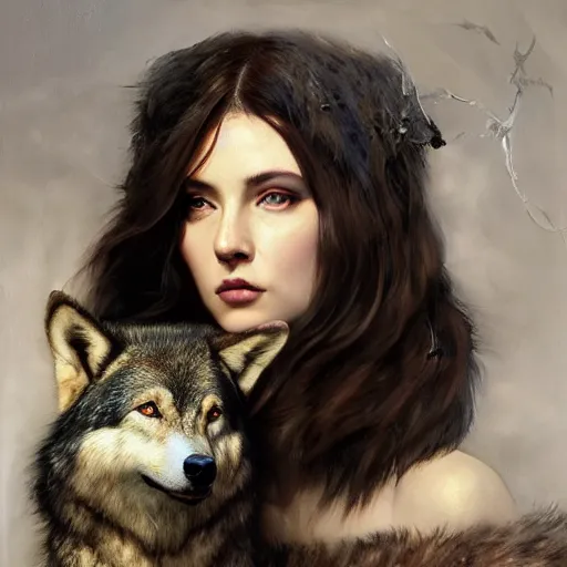 Prompt: of a beautiful brunette woman with a wolf intricate skin, fur, silicone cover, elegant, peaceful, full body, horns, hyper realistic, extremely detailed, dnd character art portrait, fantasy art, intricate fantasy painting, dramatic lighting, vivid colors, deviant art, artstation, by edgar maxence and caravaggio and michael whelan and delacroix