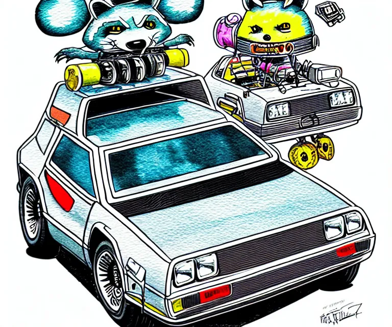 Image similar to cute and funny, ( ( ( ( ( ( racoon ) ) ) ) ) ) wearing a helmet riding in a tiny silver color hot rod dmc delorean with oversized engine, ratfink style by ed roth, centered award winning watercolor pen illustration, colorful isometric illustration by chihiro iwasaki, edited by range murata