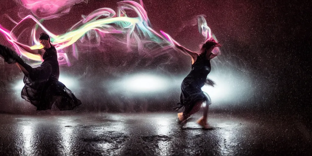 Image similar to fisheye lens slow motion with long trail effect of sci-fi break dancer wearing floating long dress with neon lights, long exposure shot , at night in the middle of a rainy wet street, paddle of water, steam, fog, water splashes, rim lights, glossy reflections, water droplets on lens, octane render, dark and dramatic, fire explosions in the background, detailed and soft, fisheye lens, smooth, sharp focus, illustration, art by artgerm and greg rutkowski and Giger, graphic glitches, vhs recording