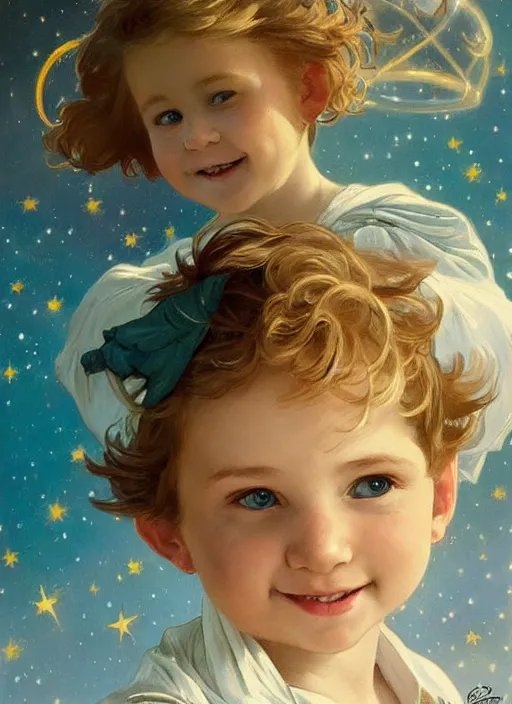 Image similar to a cute little boy with a round cherubic face, blue eyes, and tousled blonde hair smiles as he floats in space with stars all around him. She is wearing a turquoise outfit. Beautiful painting by Artgerm and Greg Rutkowski and Alphonse Mucha