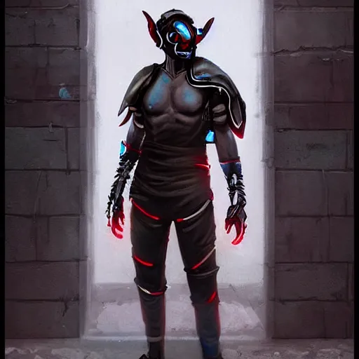Image similar to a male teenager dark elf with hoofs wear googles, cyberpunk, artstation