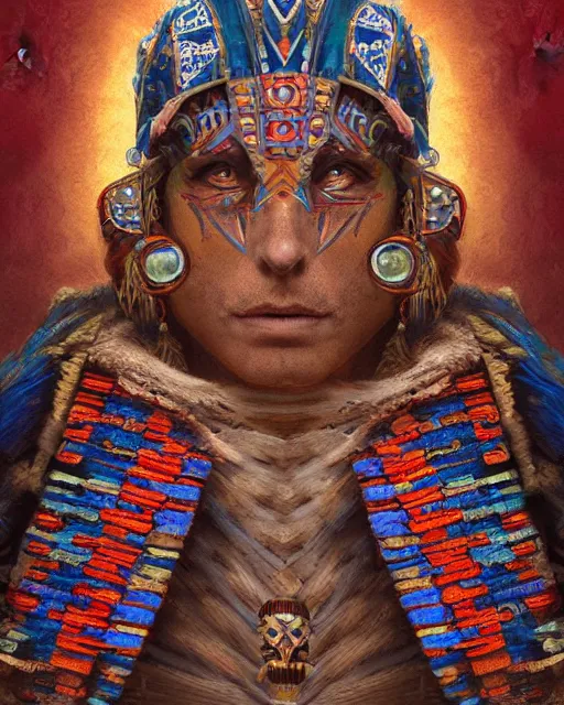 Prompt: digital painting of an aztec shaman by filipe pagliuso and justin gerard, symmetric, fantasy, detailed, intricate, portrait, sharp focus, tarot card, handsome, gwent