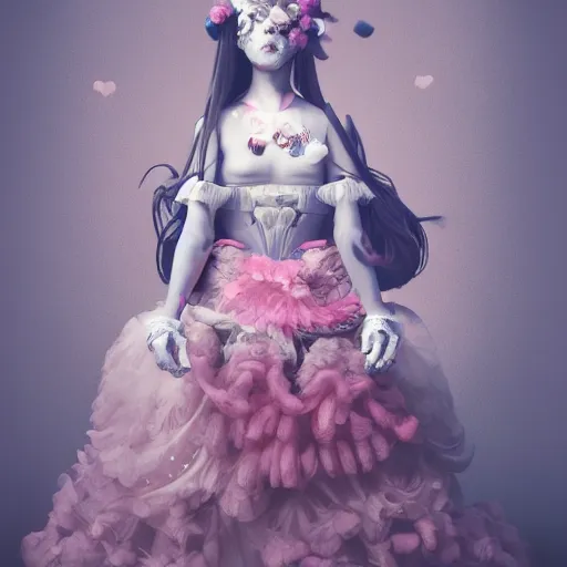 Image similar to 8 k, octane render, realism, tonalism, renaissance, rococo, baroque, cotton candy, portrait of a creepy young lady wearing long - harajuku manga - dress with flowers and skulls