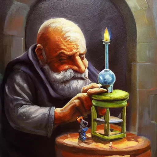 Image similar to an old professor experimenting with deadly gnomes, higly detailed, oil painting, mystic