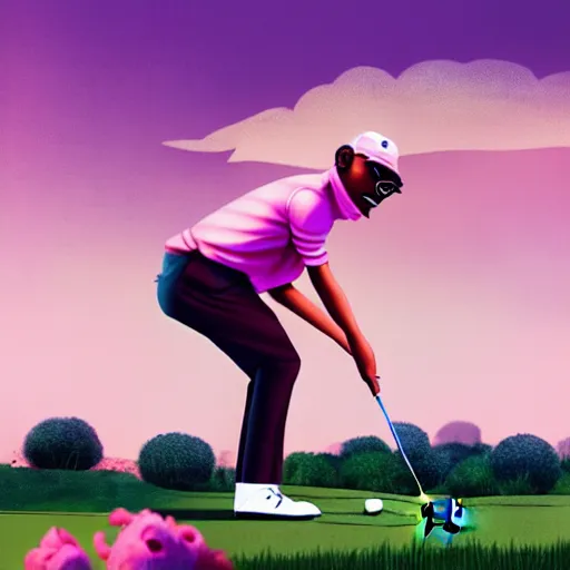 Image similar to a photoshoot for a golf le fleur clothing line starring gorillaz, 8 k concept art, golden hour, vintage, pink skies, cloudy, dreamy, extremely detailed, by damon albarn, mixed media