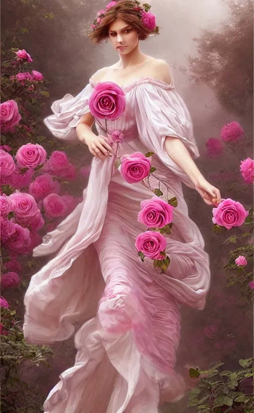 Image similar to !!beautiful!! woman dressed in a vaporous wrapped large victorian pink roses silk semi-transparent dress fashion is running, fantasy, intricate, elegant, highly detailed, digital painting, trending on artstation, concept art, matte, sharp focus, illustration, art by Artgerm and Greg Rutkowski and Alphonse Mucha