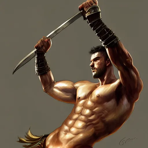 Prompt: roman gladiator, gorgeous, amazing, muscular, silk, intricate, elegant, thighs, highly detailed, digital painting, artstation, concept art, sharp focus, illustration, by greg rutkowski