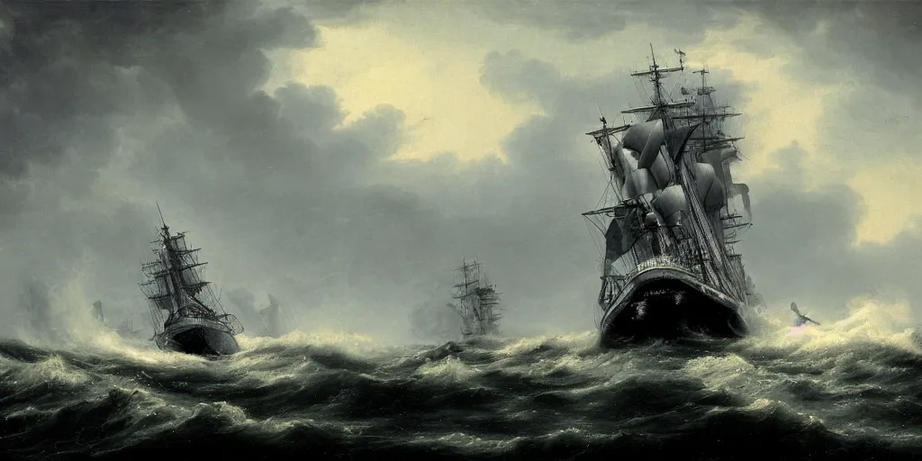 Prompt: a man-o'-war warship sailing through a heavy storm at night, art, high definition, high detail, 8k,