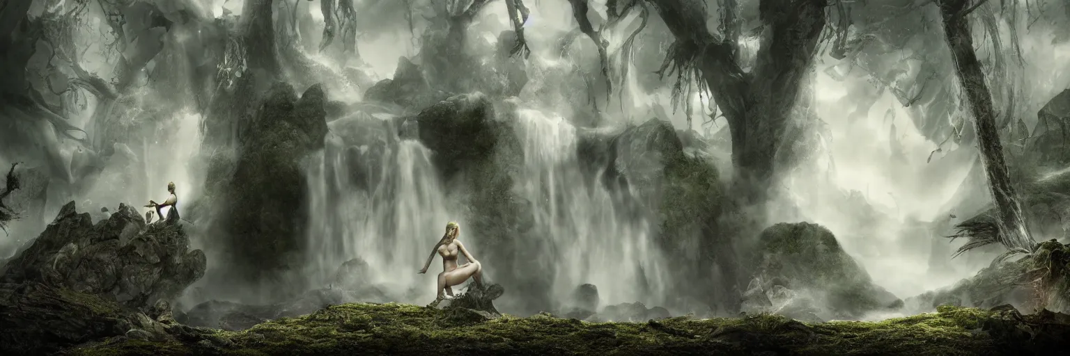 Prompt: epic fantasy render of a lara stone portrait, no clothes, dark woods, mountains, castle on the mountain, rocks, waterfall, apocalypse, meteors falling, woods on fire, highly detailed, cinematic, hyperrealism, magnum photo, dynamic lighting, octane render