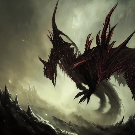 Image similar to dark fantasy concept of a vampire dragon god, with dark matter and molten armor on a mountain, cinematic, dynamic lighting, photorealistic, ultra detailed, trending on art station, stunning visuals, creative, hyper detailed