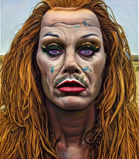 Image similar to a high quality, high detail, portrait of a drag queen by neil welliver, intense look in the eyes, moody, nostalgic