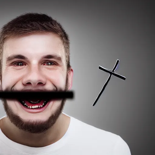 Image similar to photograph of smiling man with christian cross inside his mouth, 8k resolution, high detail, ULTRA REALISTIC VFX, reflections