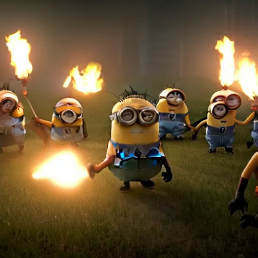 Prompt: POV of a group of minions chasing you and trying to eat you. The minions are carrying torches and pitchforks. The minions are very angry. concept art, sharp lighting, 4k, detailed, Peter Jackson, Ridley Scott, bright colors