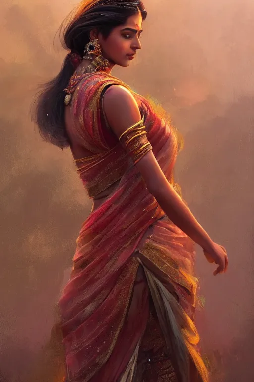 Image similar to beautiful young Indian woman in a dress, full body photo, intricate, elegant, volumetric lighting, scenery, digital painting, highly detailed, artstation, sharp focus, illustration, concept art, ruan jia, steve mccurry and Irakli Nadar