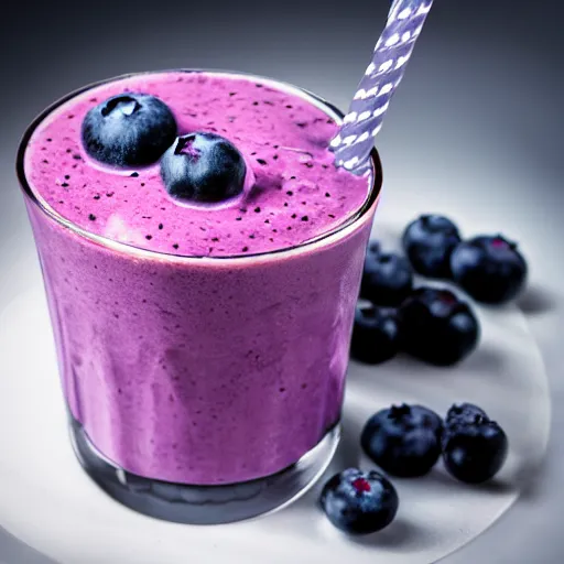 Prompt: delicious looking blueberry milkshake, blueberries on the side, 8 k resolution, professional food photography, studio lighting, sharp focus, center frame, hyper - detailed