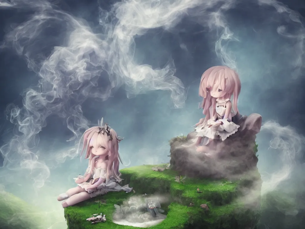 Image similar to cute fumo plush gothic angel maiden girl sitting on a floating island, isometric projection, wisps of smoke and volumetric fog, vignette, orthographic, vray