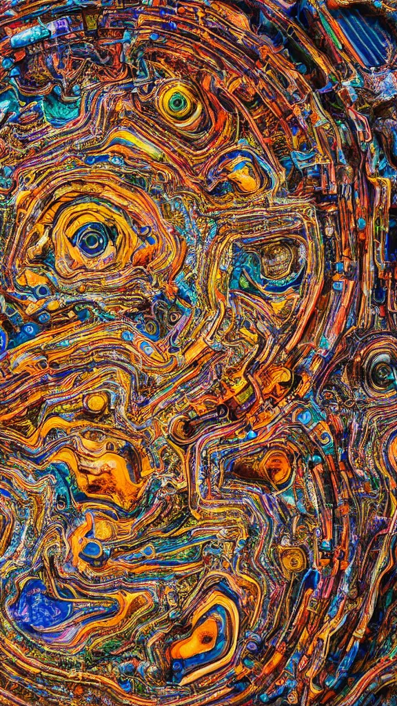 Prompt: ultra realistic macro photography of the giant psychedelic magical machine embedded within the mountain, colourful sedimentary and igneous rock and marble, industrial machinery, pistons, pipes and valves, super conducters, circuitry. 8k geology photographic cross section