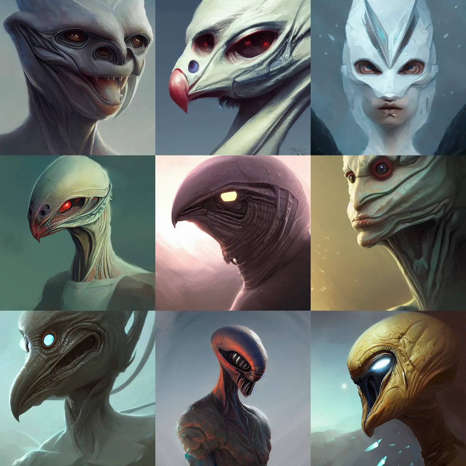 Prompt: bird alien, highly detailed, digital painting, artstation, concept art, smooth, sharp focus, portrait by greg rutkowski