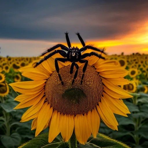 Prompt: spider sitting on a sunflower, cow in the background, depth of field, ultra realistic, cinema, sunset, photo