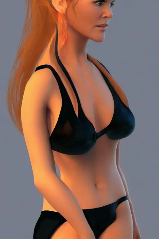 Image similar to mix of beautiful young maria shriver, mariel hemmingway, brooke shields, nicole kidman and elle macpherson as a young bikini model, thin lips, hair tied up in a pony tail, dark blonde hair, colorful, artstation, cgsociety