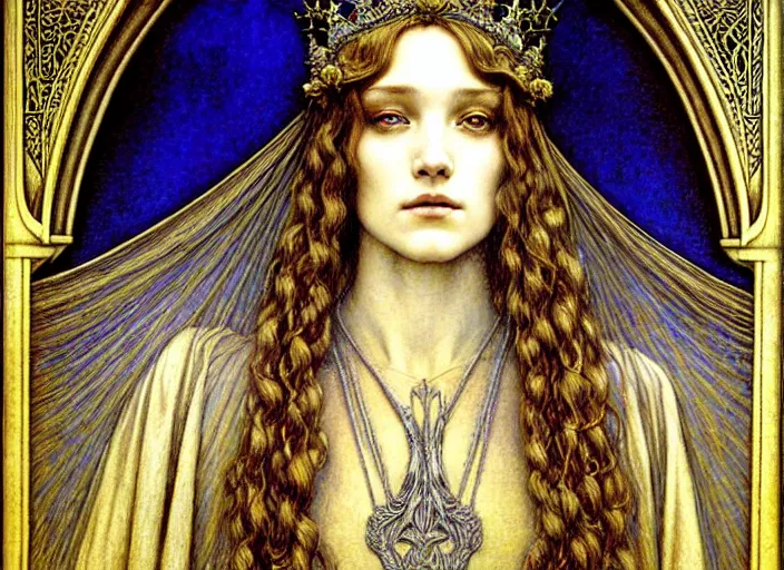 Image similar to detailed realistic beautiful young medieval queen face portrait by jean delville, gustave dore and marco mazzoni, art nouveau, symbolist, visionary, gothic, pre - raphaelite. horizontal symmetry