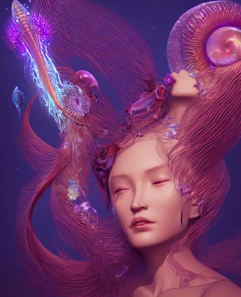 Image similar to goddess close-up portrait. colibri orchid jellyfish phoenix head, nautilus, skull, betta fish, bioluminiscent creatures, intricate artwork by Tooth Wu and wlop and beeple. octane render, trending on artstation, greg rutkowski very coherent symmetrical artwork. cinematic, hyper realism, high detail, octane render, 8k