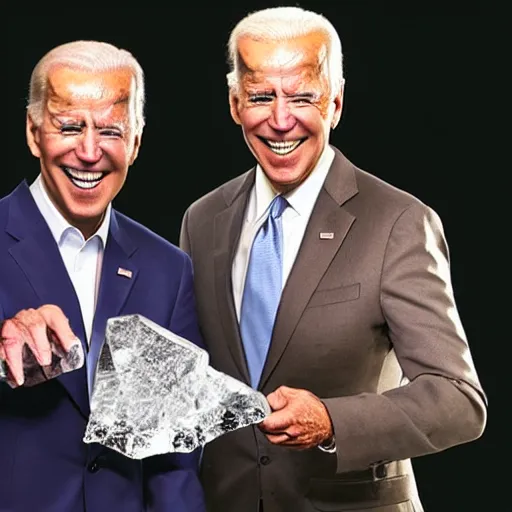 Image similar to UHD candid photo of Joe Biden and Hunter Biden holding up a giant quartz crystal, wearing clown makeup, UHD, photorealistic, correct face, photo by Annie Leibowitz