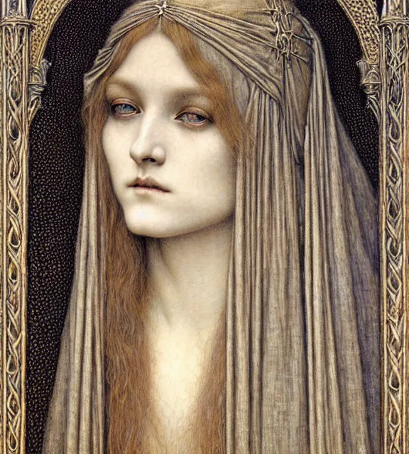 Image similar to detailed realistic beautiful young medieval queen face portrait by jean delville, gustave dore and marco mazzoni, art nouveau, symbolist, visionary, gothic, pre - raphaelite. horizontal symmetry