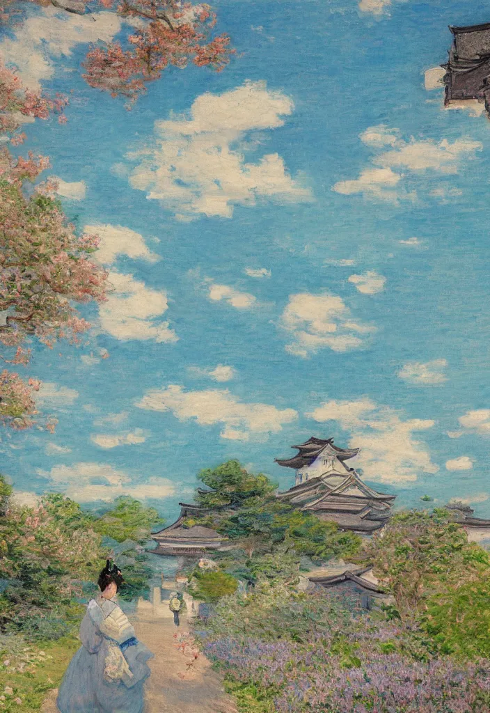 Image similar to tiny samurai in front of a beautiful japanese country side landscape, edo era house in the background, blue sky, magnificient clouds, lofi vibe, vivide colors, amazing light, really beautiful nature, oil painting, impressionist style, by jeremy lipkin, by claude monet, by ghibli, kandinsky touches, multiple brush strokes, masterpiece