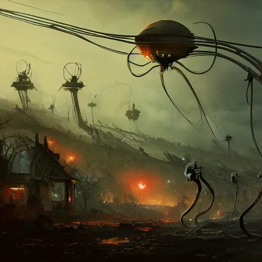 Prompt: war of the worlds , highly detailed, illustration, fantasy art, in the style of greg rutkowski, epic, fantasy, intricate, hyper detailed, artstation, concept art, smooth, sharp focus, ray tracing