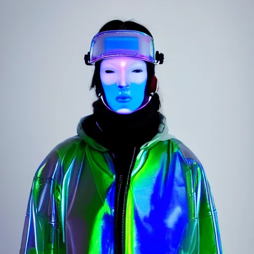 Image similar to an ultra high definition professional studio quality photograph of an artificially intelligent cyberpunk art influencer wearing a transparent iridescent pastel coloured face visor and matching bubbly puffy raincoat on white coat hook in a sheer icelandic black rock environment. dramatic lighting. volumetric shadows. light rays