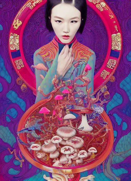 Image similar to pretty chinese model with hallucination mushroom : : by martine johanna and simon stalenhag and chie yoshii and casey weldon and wlop : : ornate, dynamic, particulate, rich colors, intricate, elegant, highly detailed, centered, vogue, fashion magazine, smooth, sharp focus, octane render, 8 k