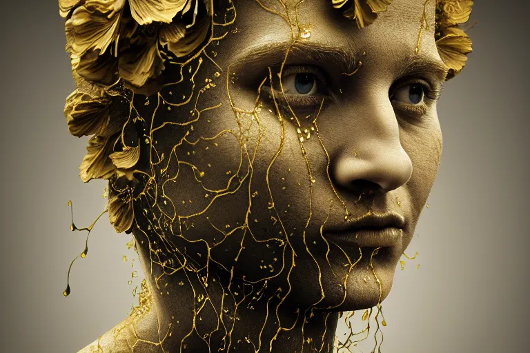 Prompt: a sculpture of a person with flowing golden tears, fractal plants and fractal flowers on the skin, intricate, veins, a marble sculpture by nicola samori, behance, neo - expressionism, marble sculpture, apocalypse art, made of mist, octan render