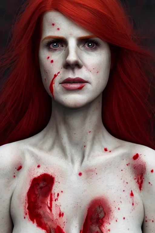 Image similar to pale woman covered with blood, sarah rafferty face!!!, red hair, skeleton body tattoo, ultra realistic, concept art, intricate details, highly detailed, 4 5 mm. photorealistic, octane render, 8 k, unreal engine. film still, heavy grain, 3 5 mm, art by artgerm and greg rutkowski and alphonse mucha