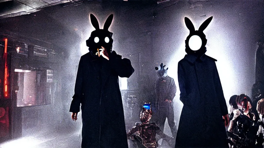 Prompt: a man in a trench coat wearing a black rabbit mask standing in a cyberpunk club on the dance floor , film still from the an anime directed by Katsuhiro Otomo with art direction by Salvador Dalí, wide lens