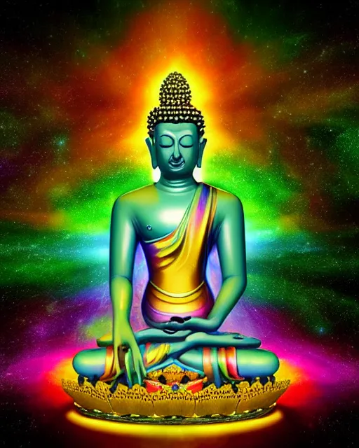 Image similar to the most beautiful star system, sky full of brightly coloured starts, inside of an expansive cave, green tara buddha with a crown of rainbow clouds, coherent design, symmetrical, vivid color, complementary color, golden ratio, detailed, sharp lines, intricate, rainbowshift, by in unreal engine, nvidia, octane render